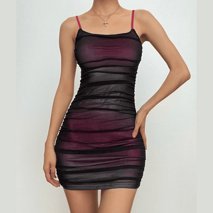 Contrast Ruched Mesh Square Neck Spaghetti Strap Cami Mini Dress