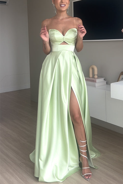 Strapless Cut Out Back Lace-up Slit Maxi Party Dress