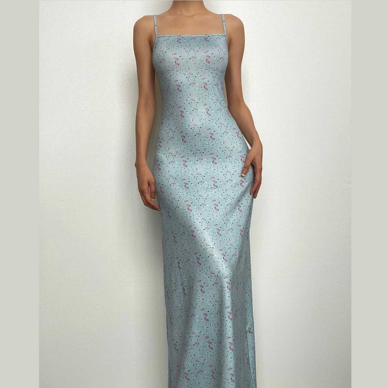 Ditsy Floral Print Square Neck Spaghetti Strap Maxi Dress