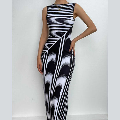 Striped contrast sleeveless round neck maxi dress-final-sale
