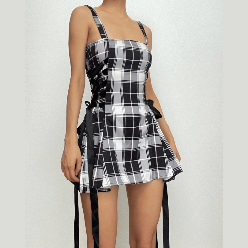 Plaid Print Lace Up Side Tie Spaghetti Strap Mini Dress
