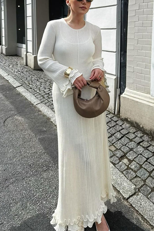 Bell Sleeves Back Lace-up Ruffle Trim Maxi Dress