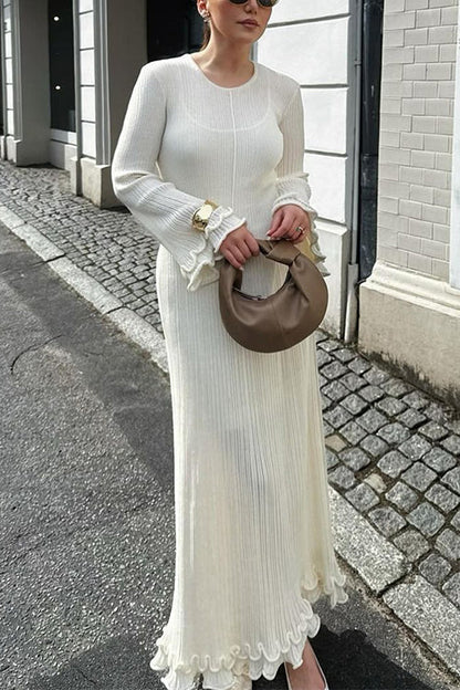 Bell Sleeves Back Lace-up Ruffle Trim Maxi Dress