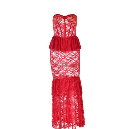 Sweetheart neck lace see through bustier ruched tube maxi dress