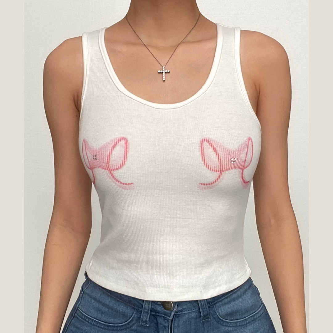 Bowknot pattern ribbed u neck contrast tank top