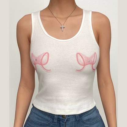 Bowknot pattern ribbed u neck contrast tank top