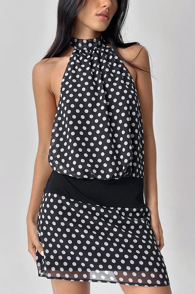 Polka Dot Halter Neck Backless Blouson Top Elastic Waist Mini Skirt Two Piece Set
