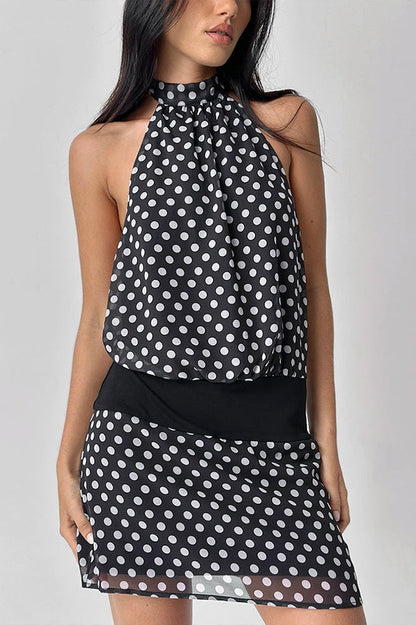 Polka Dot Halter Neck Backless Blouson Top Elastic Waist Mini Skirt Two Piece Set