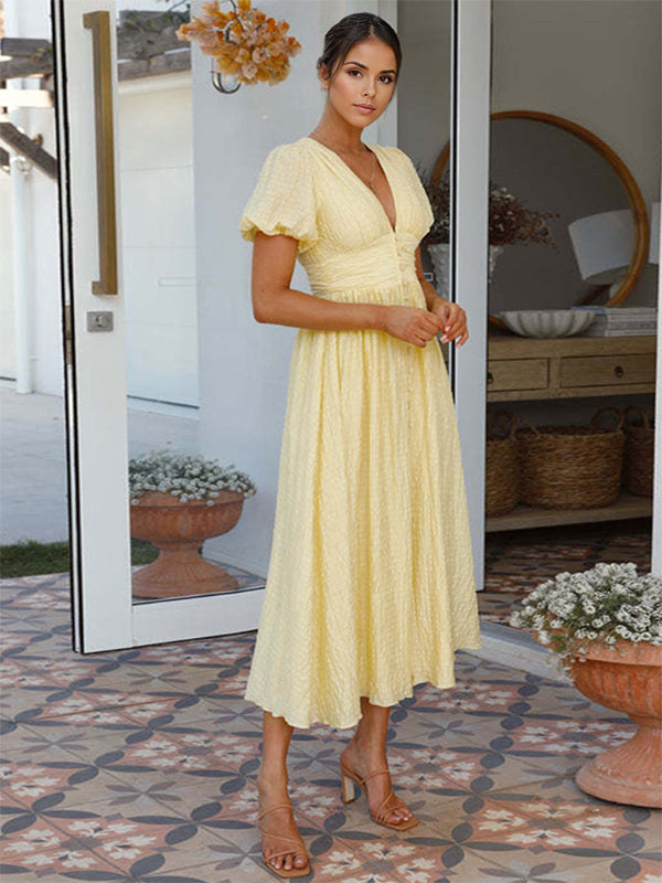 Butter Yellow Sundress Plunge Puff Sleeves Casual Summer Maxi Dress 2026