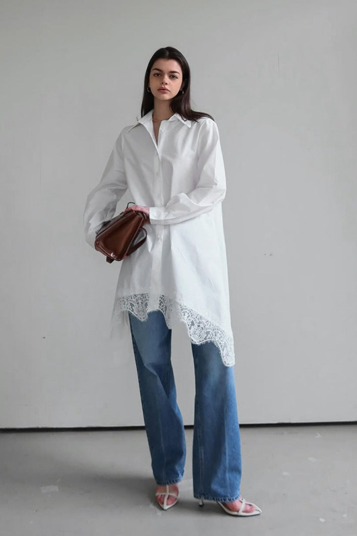 Point Collar Button Front Long Sleeve Lace Trim Handkerchief Hem Mini Shirt Dress