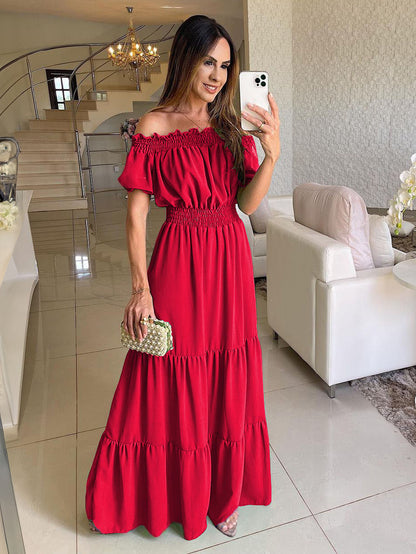 Off Shoulder Smocked Maxi Dress For Women - Boho Tiered A-Line Beach Gown with Puffy Sleeves - Summer Vacation 2026