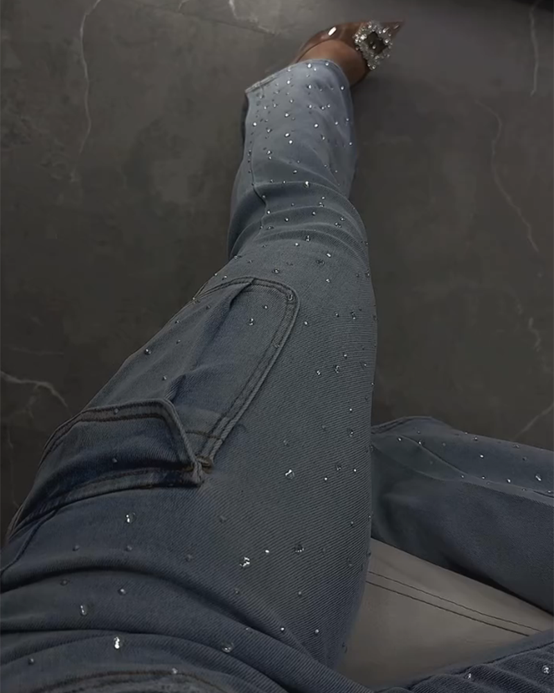 Diamond-Studded High-Waisted Bootcut Jeans (Pre-Sale)