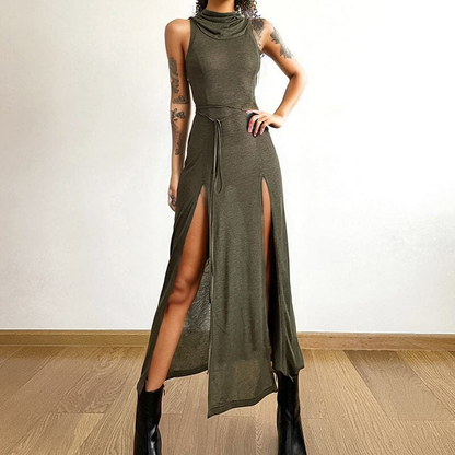 Cowl Neck Tie Waist Double Slit Sleeveless Maxi Dress