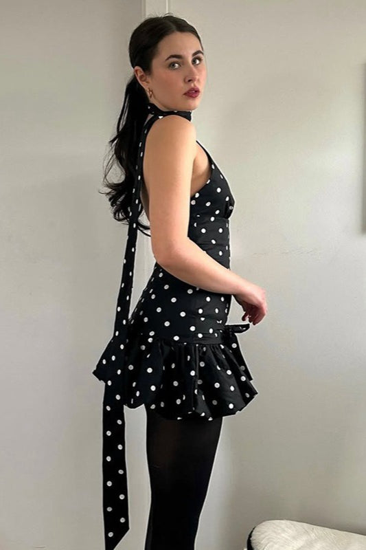 Polka Dot One Shoulder Scarf Neck Ruffled Hem Mini Dress