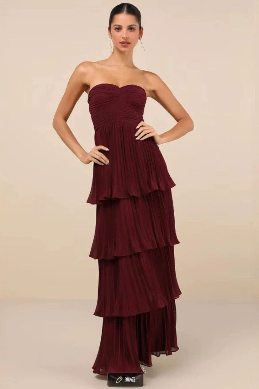 Sexy Strapless Ruched Tiered Ruffle Formal Dress