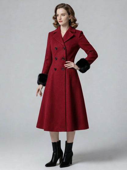 Wool Blend Double-breasted Midi Flared Coat with black Faux Fur Cuffs For Women 2026