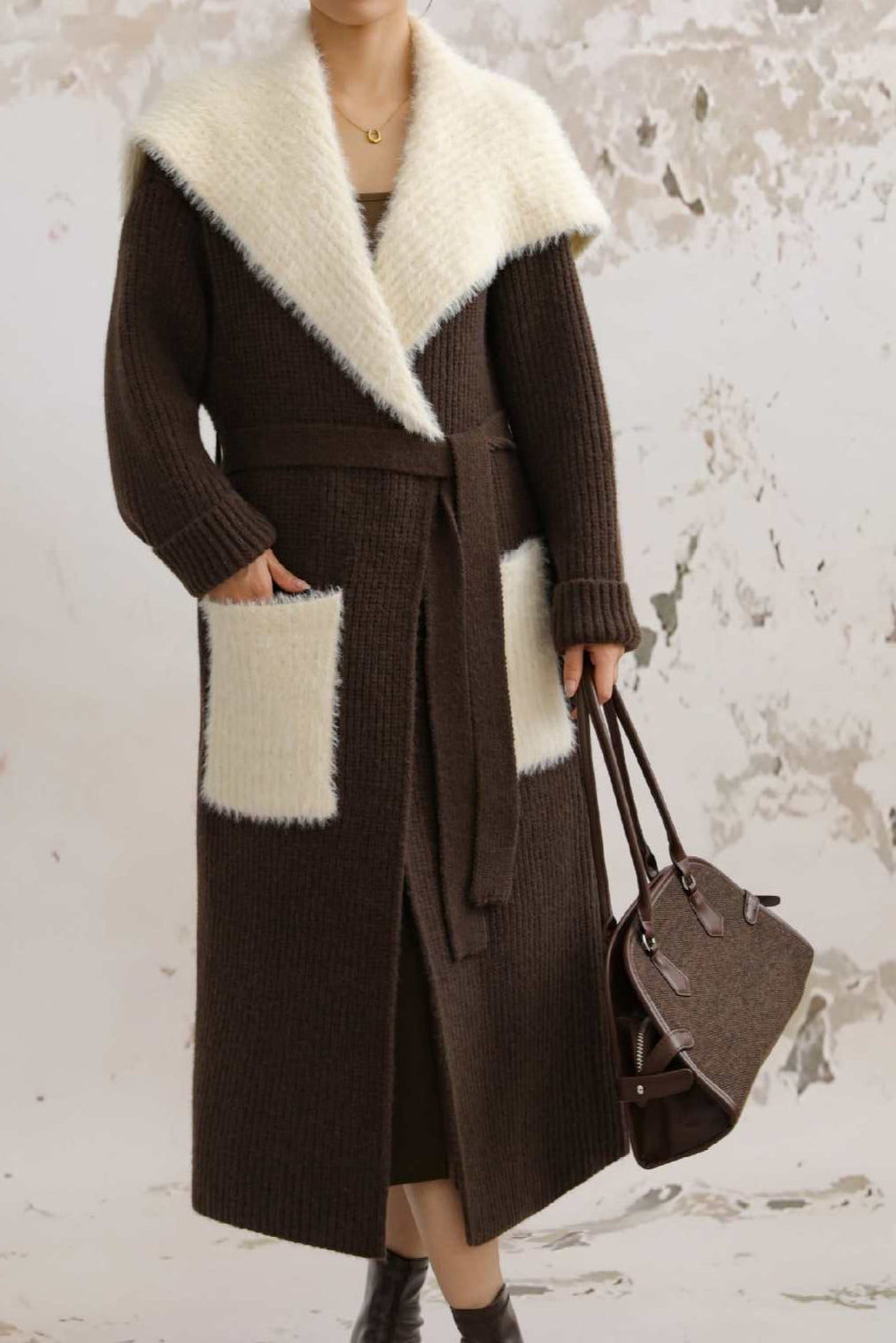 Faux Fur Collar Long Patchwork Loose Knit Overcoat
