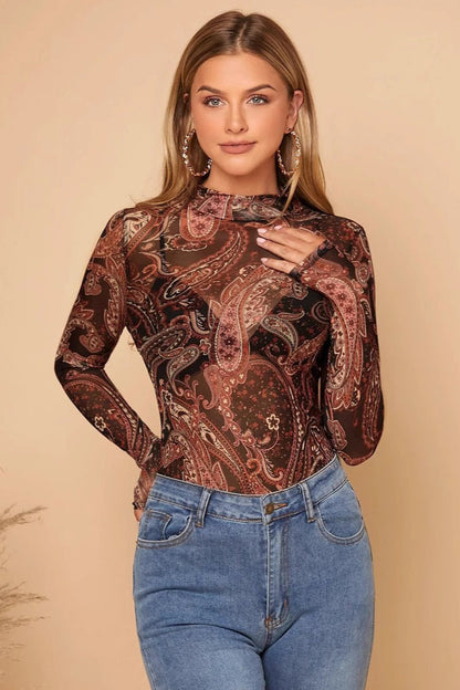 Paisley Print Stand Collar Mesh Long Sleeve Blouse