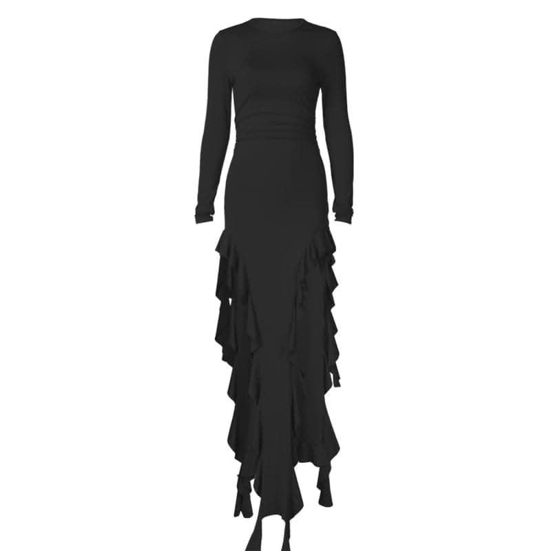 Long sleeve crewneck ruffle slit solid ruched maxi dress-final-sale