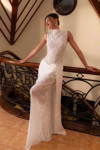 Sleeveless High Neck Flower Lace Patchwork Reception Dress