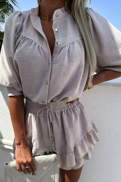 Casual Fashion Cotton and Linen Shirt and Short Skirt Set