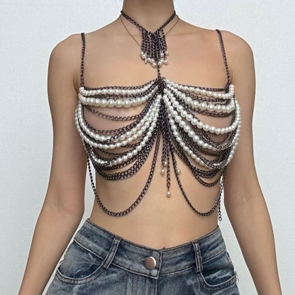 Halter layered beaded metal chain waist chain set