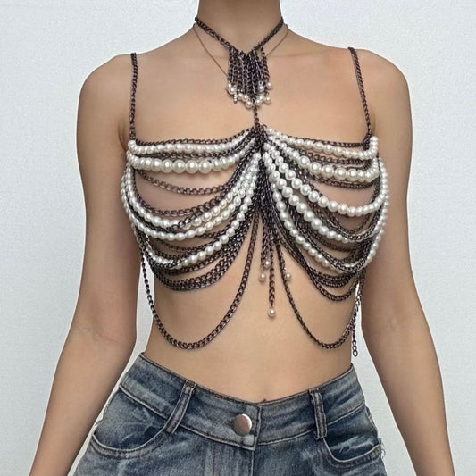 Halter layered beaded metal chain waist chain set