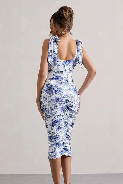 Vintage Floral Print Ruched Maxi Dress