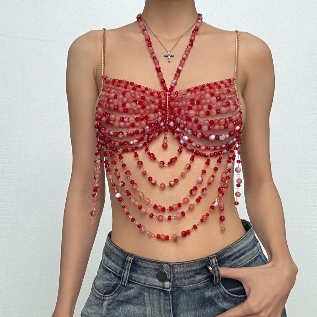 Halter beaded hollow out backless cut out top