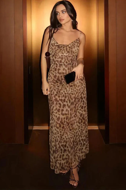 Silky Leopard Swing Ruffle Club Maxi Dress