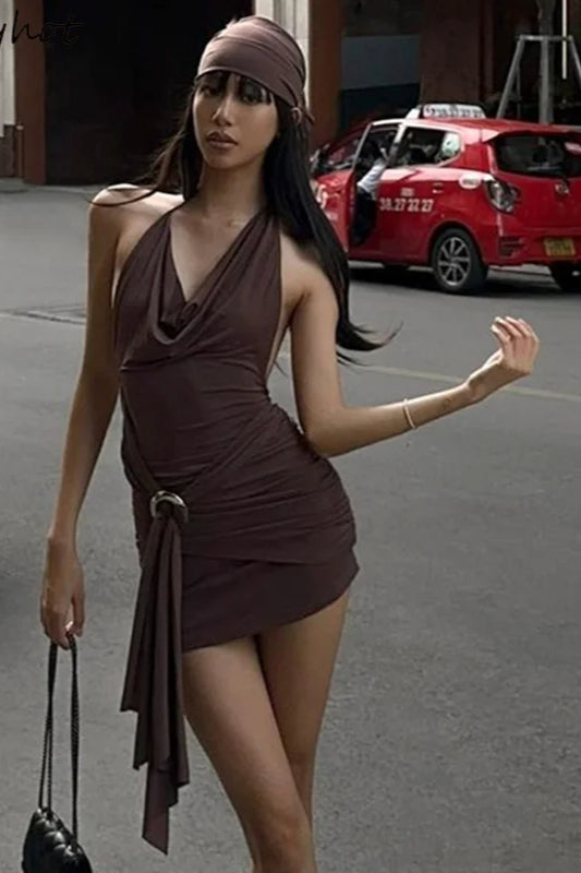Halter Cowl Neck Ruched Ring Detail Draped Sash Streamer Mini Dress