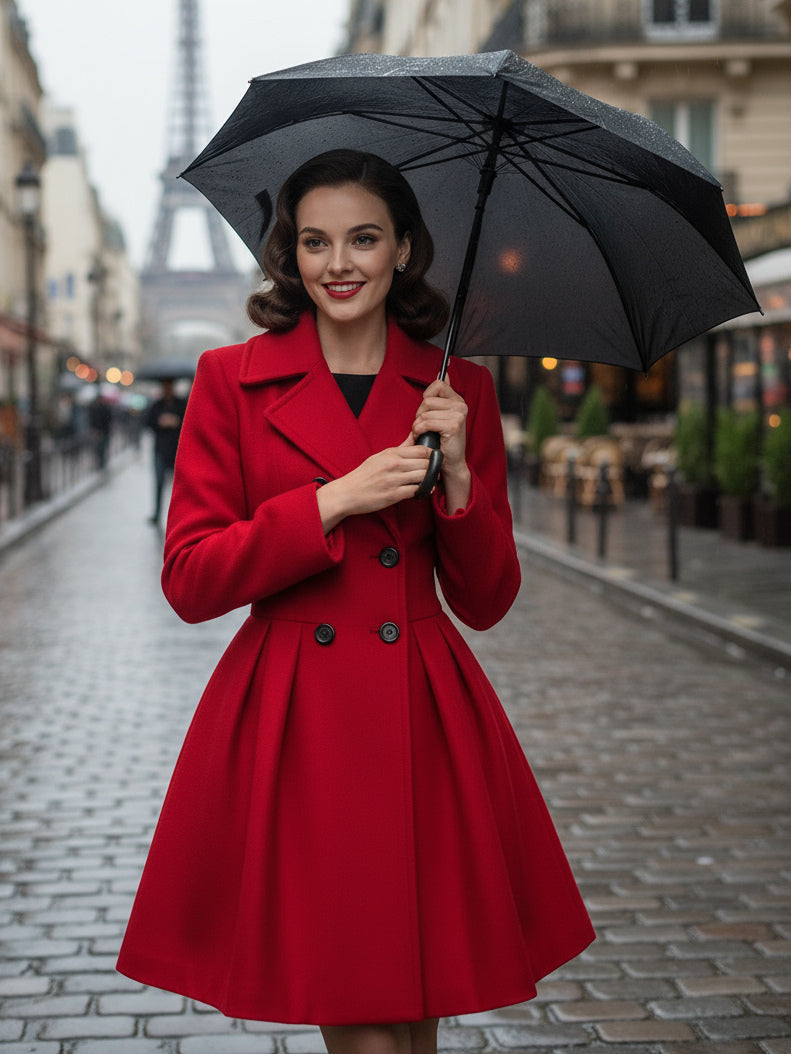 Retro Red 1950s Double-Breasted A-line Woolen Coat For Women 2026