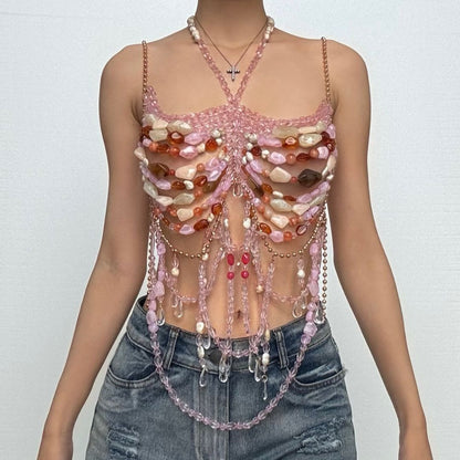 Beaded halter metal chain hollow out cami cut out top