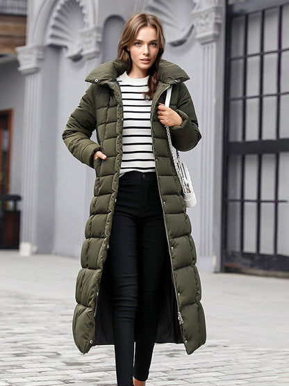 Women Coat Belted Removable Faux Fur Collar Hooded Full Length Winter Coat