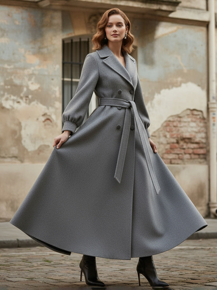 Belted Double-Breasted Woolen Full-Length Coat With Balloon Sleeves For Women 2026