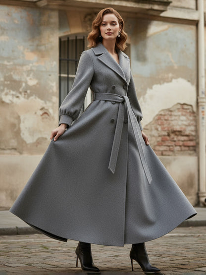 Belted Double-Breasted Woolen Full-Length Coat With Balloon Sleeves For Women 2026