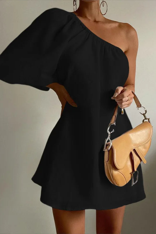 Linen Blend One Shoulder Puff Sleeve Shift Mini Dress