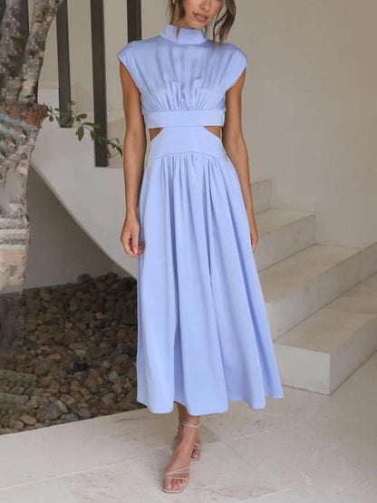 Mock Neck Sleeveless Waist Cutout Pocketed A-Line Midi Dress