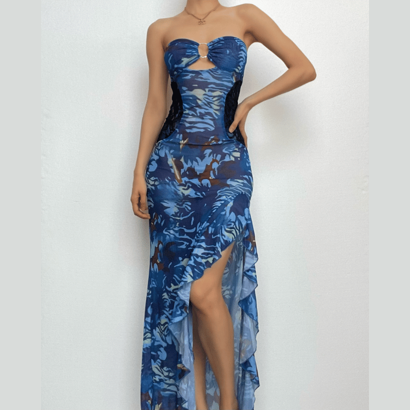 Mesh see through hollow out o ring contrast print ruffle cut out maxi dress-final-sale