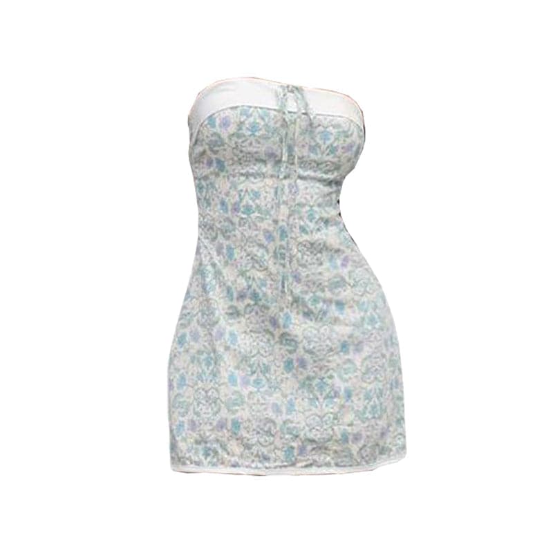 Flower print knotted backless tube mini dress