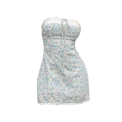 Flower print knotted backless tube mini dress