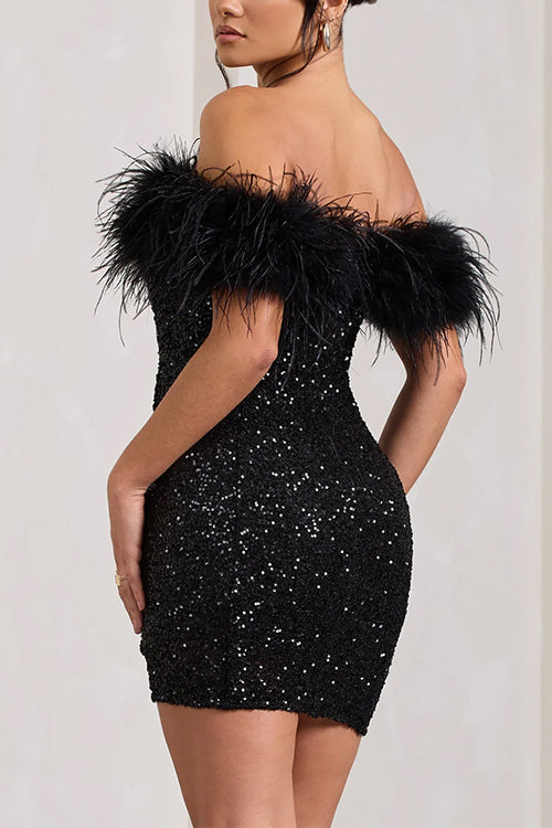 Off Shoulder Feather Trim Sequin Mini Party Dress