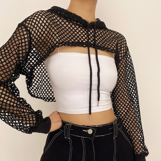 Fishnet hollow out solid long sleeve hoodie shrug cut out top-final-sale