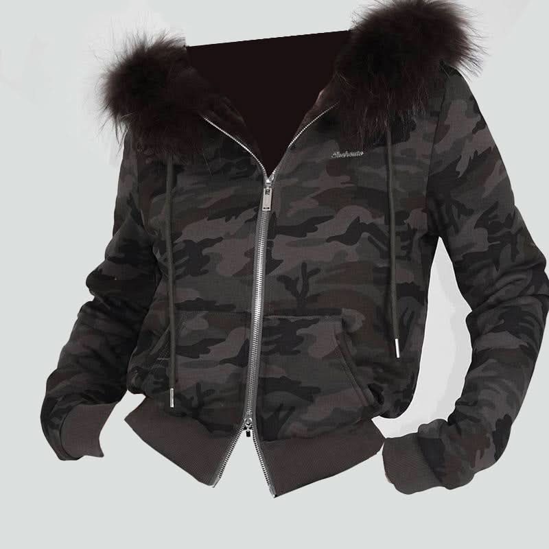 Hoodie long sleeve fluffy zip-up coat top