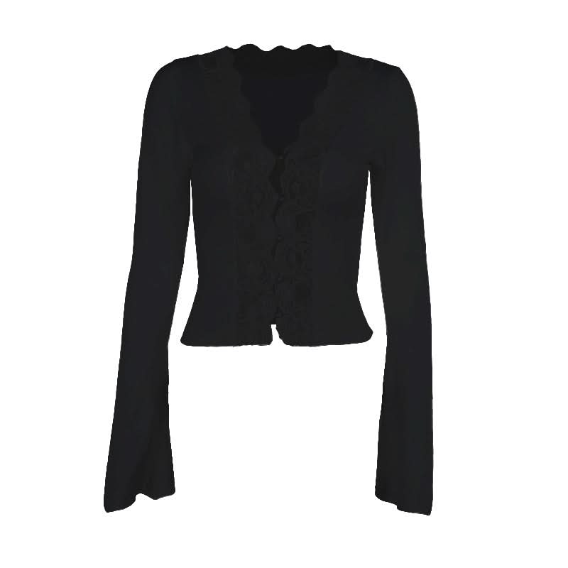 Long sleeve v neck lace hem button top
