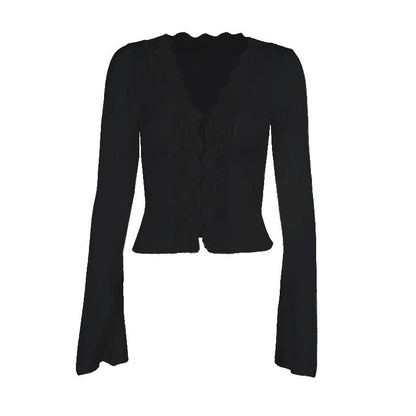 Long sleeve v neck lace hem button top