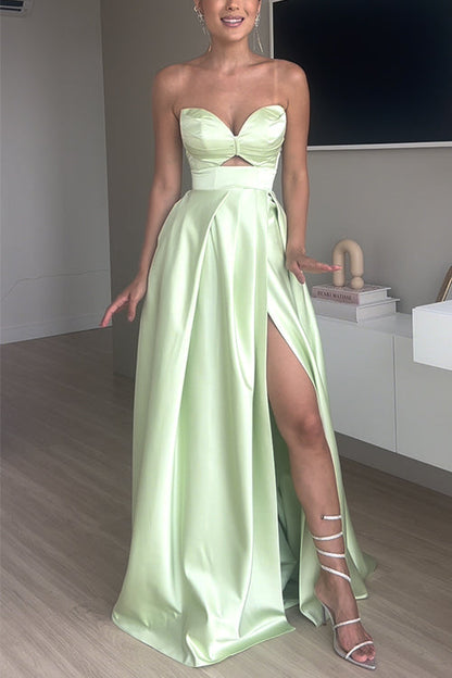 Strapless Cut Out Back Lace-up Slit Maxi Party Dress