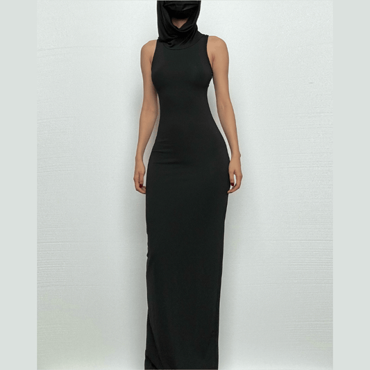 Slit sleeveless hoodie solid maxi dress-final-sale