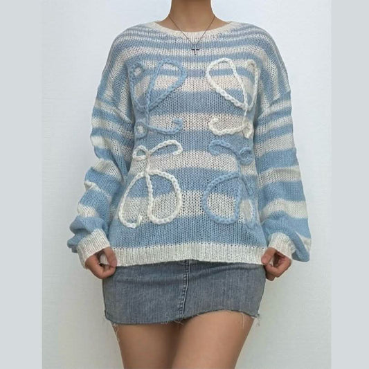 knitted long sleeve striped contrast crewneck top-final-sale