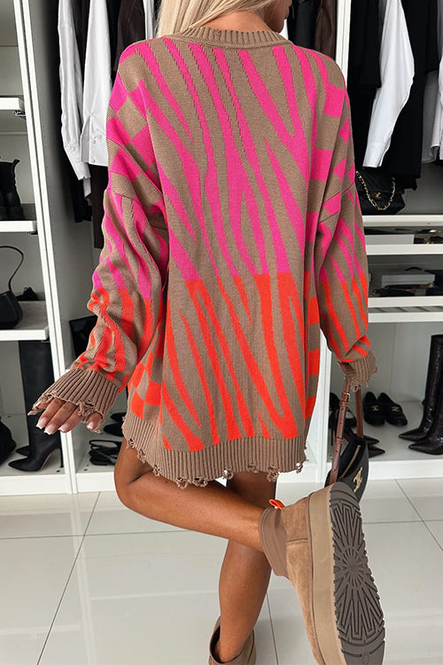 Crewneck Frayed Hem Geometric Pattern Sweater